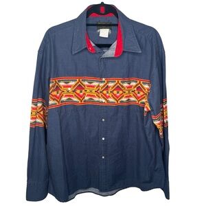 Rustler Men's Casual Button Down Shirt - Blue with Red and Yellow Accents